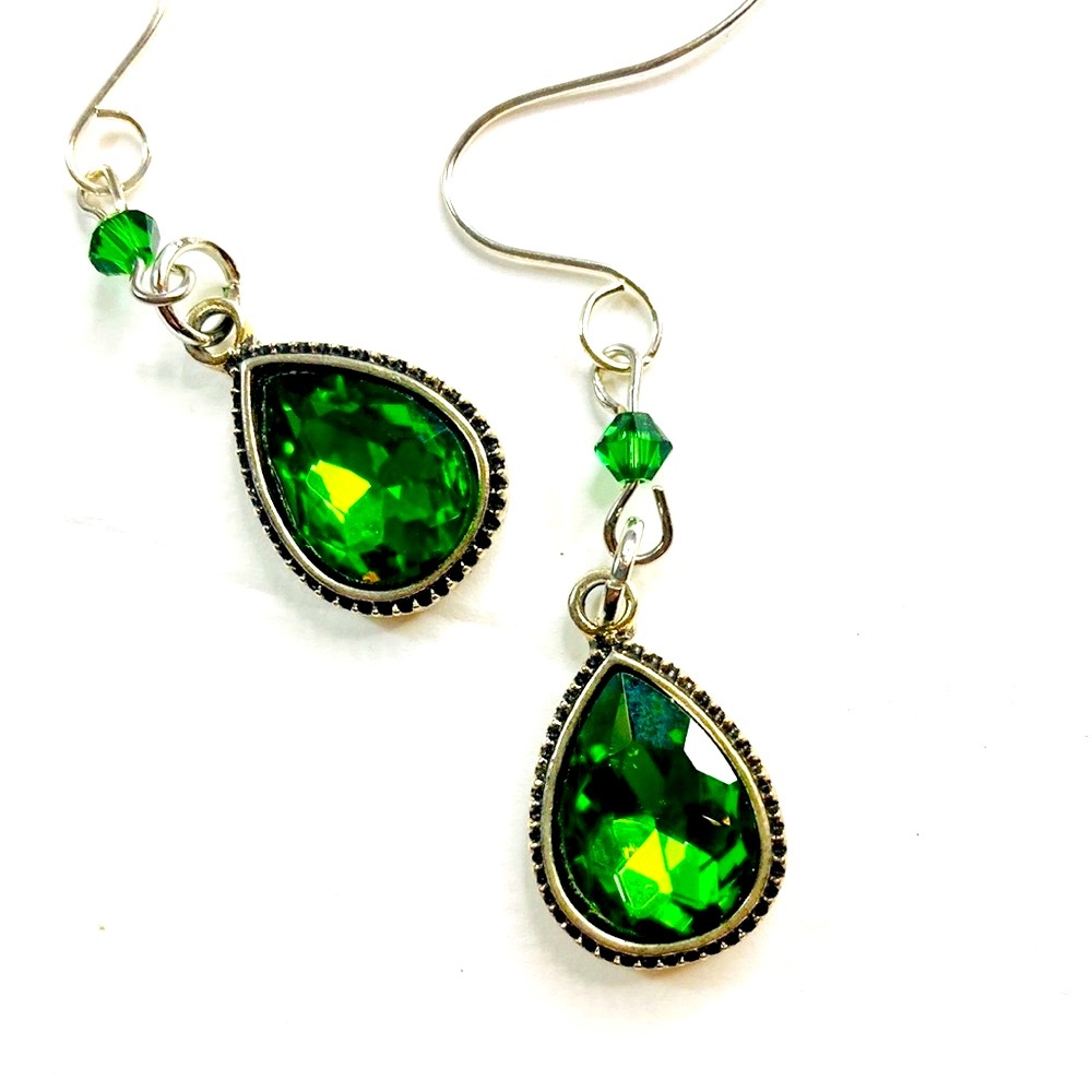 Emerald Green Raindrop Holiday Christmas Earrings Handcrafted McGlamorous